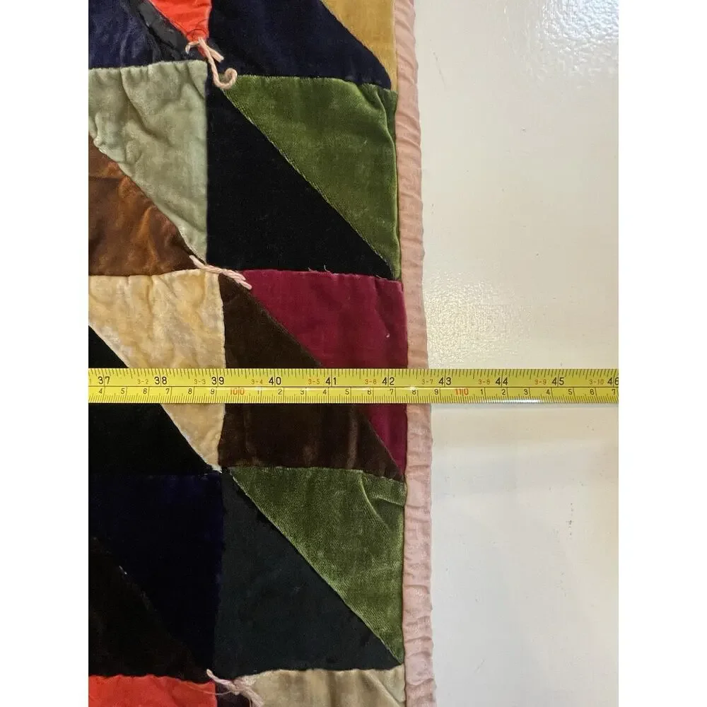 Vintage 70s Velvet Patchwork Hippie Boho Quilt Bedspread Blanket Full Sz 86”x82”